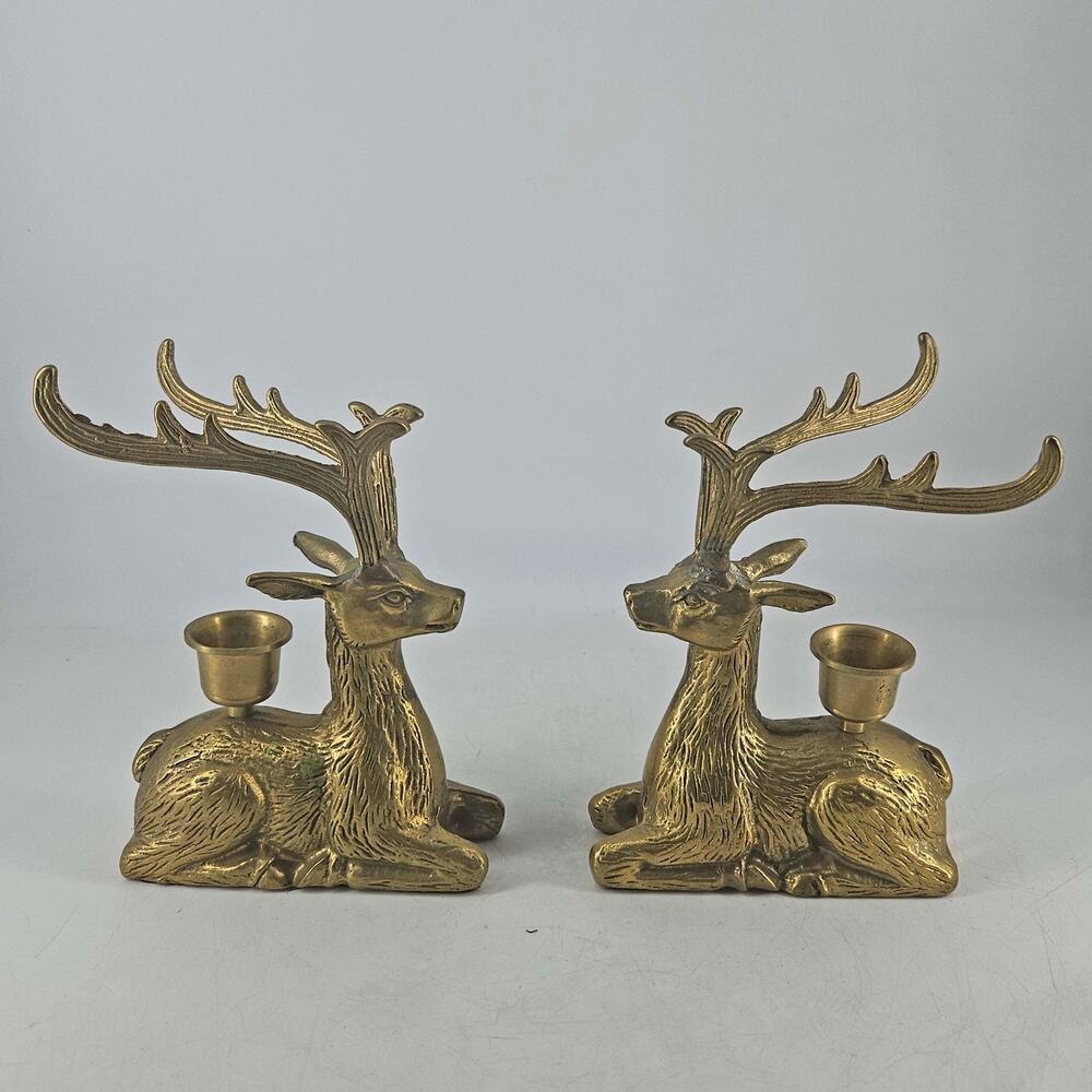 Vintage pair of Ornate Brass Christmas Reindeer Deer Figure Candle Holders